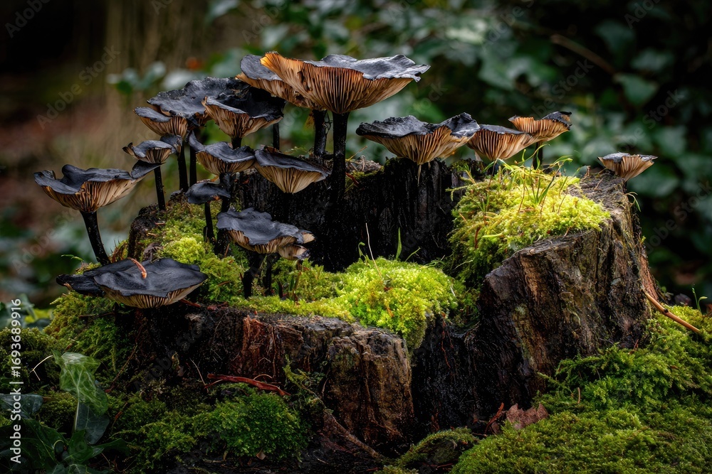 Obraz premium Dark mushrooms cluster on mossy tree stump