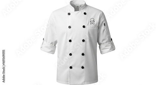 White double-breasted culinary uniform with black buttons stand-up collar rolled sleeves and embroidered kitchen tools on the left chest