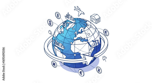 Isometric illustration of a blue Earth globe with global travel and logistics icons.