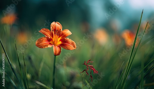 Close-up of an orange lily in a grassy field
