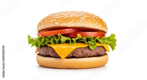 A classic hamburger with a sesame seed bun beef patty melted cheese crisp green lettuce and two red tomato slices on a white background