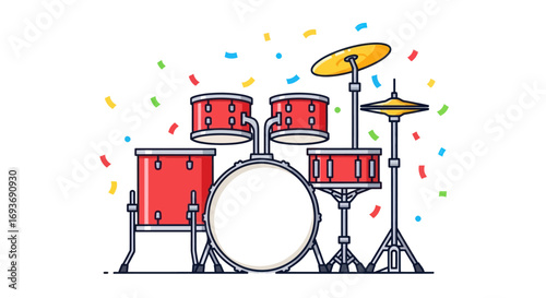 Tableau sur toile A vibrant red drum kit with cymbals and confetti.
