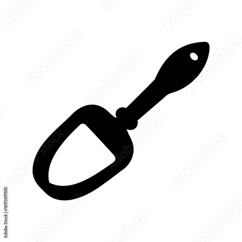 Black and white image of an oyster shucking tool, a kitchen utensil