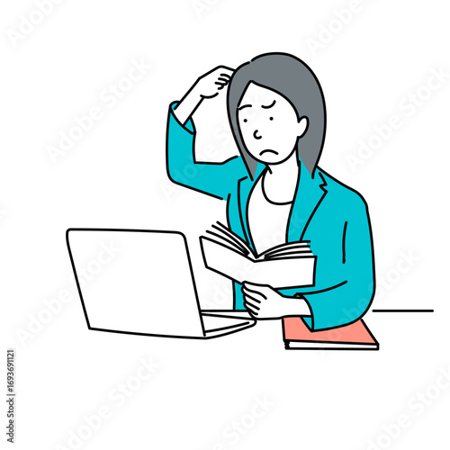 本を読みながら悩む女性とノートパソコンのイラスト｜勉強や仕事での課題や情報収集の悩みを表現するベクターイラストで教育やビジネスのシーンに活用できます