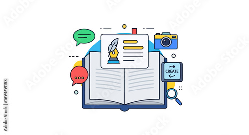 Creative Content Writing and Digital Media Production Concept Illustration.