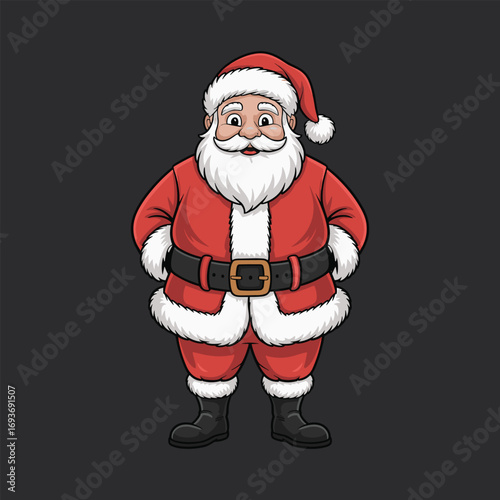 Cartoon Santa Claus in traditional red suit with white beard, black belt and boots, cheerful Christmas character for holiday celebration illustration.