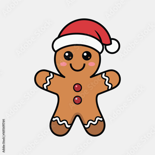 Cute gingerbread man wearing Santa hat festive holiday illustration, Christmas cookie cartoon character design for greeting cards, decorations, and celebrations.