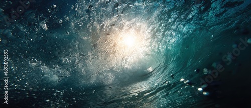 Underwater view of a churning wave, sunlit from within