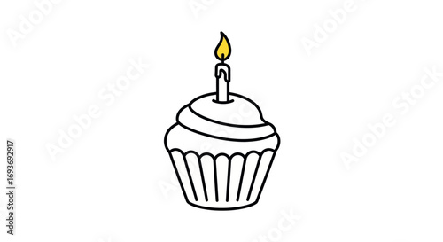 A simple line art illustration of a birthday cupcake with one lit candle on top.