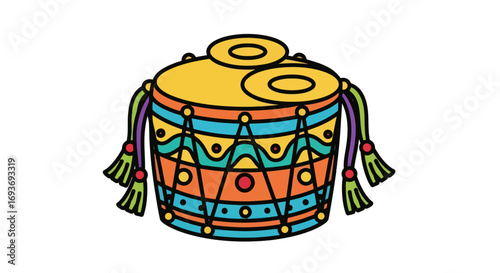 Colorful cartoon illustration of a traditional decorated dhol drum with cymbals and tassels.