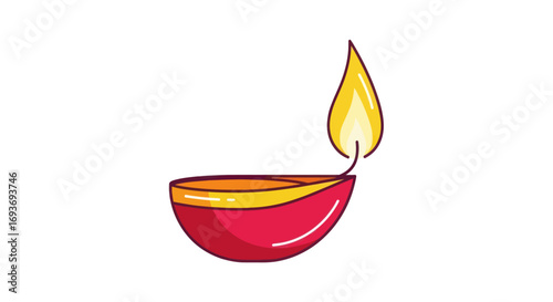 Lit Diwali Lamp with Flame, Traditional Indian Oil Lamp.