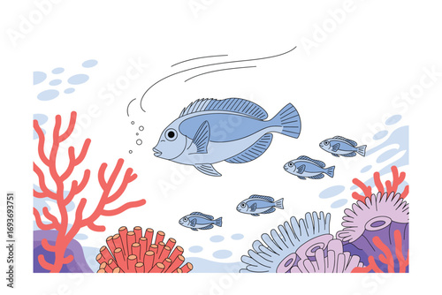 Underwater Life Scene: Blue Fish Family Swimming among Coral Reefs, Bubbles, and Light Patches in a Colorful Aquatic Ecosystem Illustration