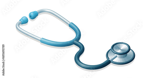 A blue and silver medical stethoscope for listening to body sounds.