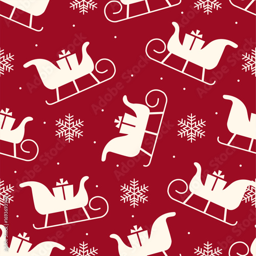 Festive seamless pattern of Santa in sleigh with snowflakes on red background. Perfect for Christmas fabrics, wrapping paper, cards, and holiday decor.