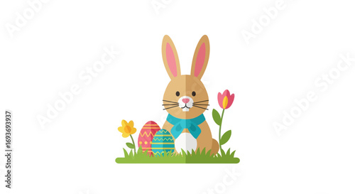 Cute cartoon Easter bunny with decorated eggs and spring flowers in green grass.