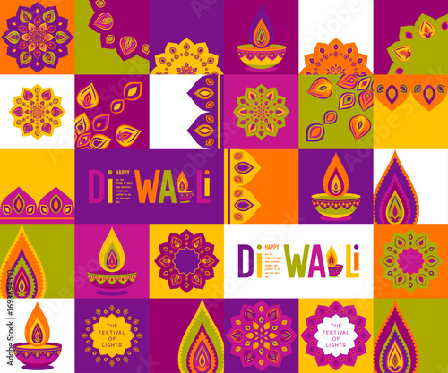 Colorful Diwali traditional design with diya lamp, rangoli mandala and festive grid pattern. Vibrant decorative background for Festival of Lights celebration. Vector illustration.