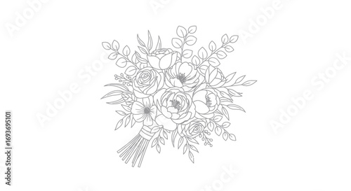 Delicate Floral Bouquet Line Art Illustration with Roses and Foliage.