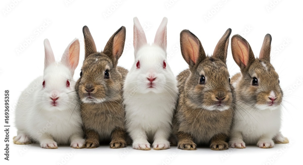 Fototapeta premium Five small rabbits sit in a row on a white background with two white one white with red eyes and two brown ones facing forward