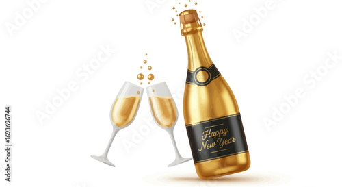 A golden champagne bottle with a popping cork and two clinking glasses of bubbly.