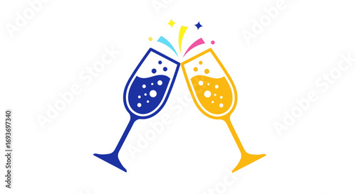 Two colorful champagne glasses clinking in celebration with bubbly liquid and confetti.