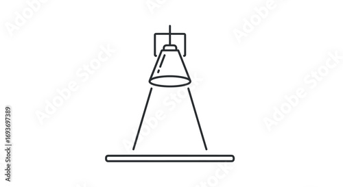 Minimalist line art icon of a spotlight shining a beam of light onto a surface.