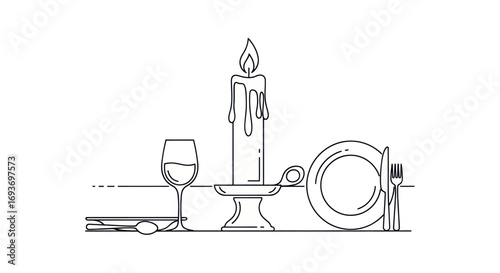 Elegant Dinner Table Setting Line Art with Candle and Wine Glass.