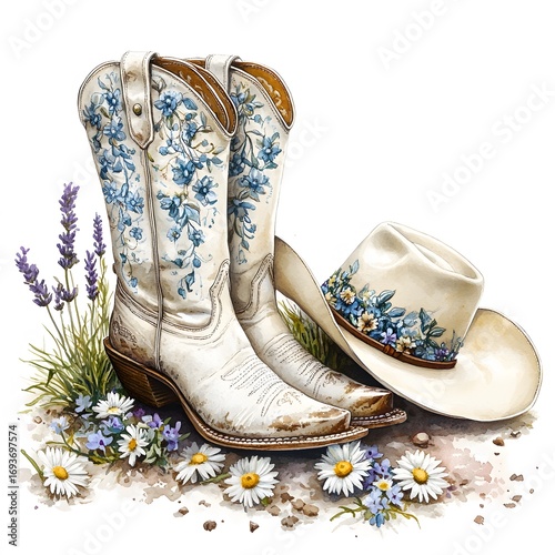 Watercolor Cowboy Boots and Hats with Flowers –  Ultra Realistic Western Illustrations – Rustic Country Style Clipart