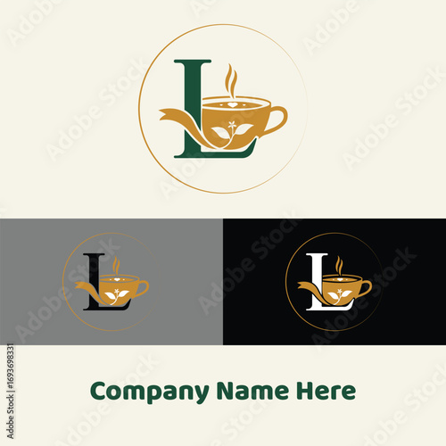 Elegant Tea Logo 'L' Initial Tea Cup and Leaf in a Golden Circle