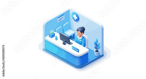 Receptionist Woman Working at a Modern Clinic Desk.