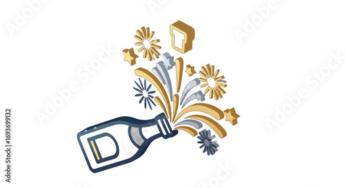 Champagne Bottle with Bursting Confetti and Cork, Celebration Design.