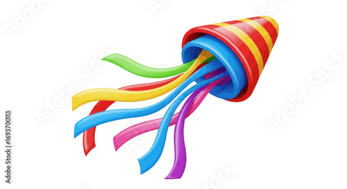 Colorful 3D party popper with exploding rainbow streamers and a striped cone.