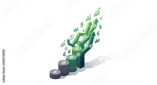 Financial Growth Concept Depicted with Stacks of Coins and Arrow.