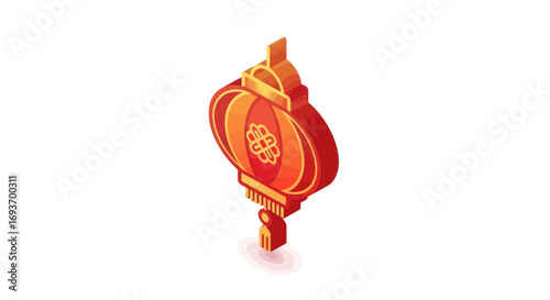 Isometric Red and Orange Chinese Lantern with Intricate Design and Tassels.