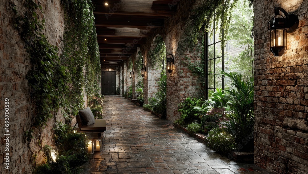 Fototapeta premium Rustic hallway with lush greenery
