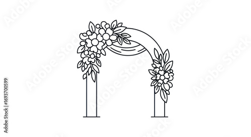 Elegant floral archway with decorative foliage and draped fabric.