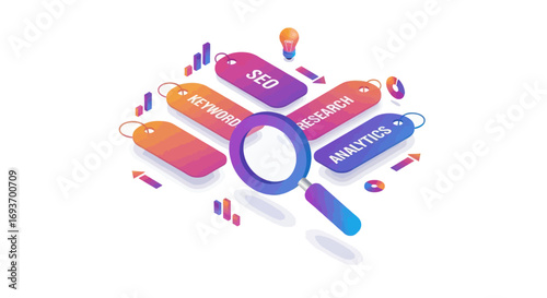 Magnifying Glass Over SEO and Analytics Tags for Digital Marketing Strategy.