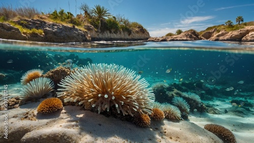Underwater view of vibrant coral reef with diverse marine life in a serene coastal setting
