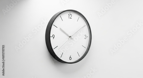 Wallpaper Mural A minimalist analog clock with a black frame and white face hangs on a plain white wall displaying black numbers and markers with silver hands Torontodigital.ca