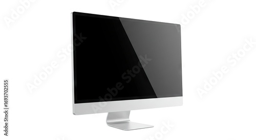 A modern display monitor with a sleek silver stand and a dark reflective screen is angled on a white background