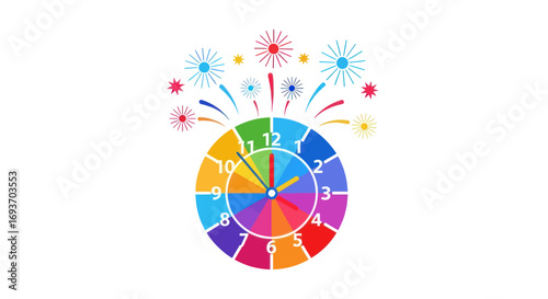Festive rainbow-colored clock with fireworks celebrating the stroke of midnight.