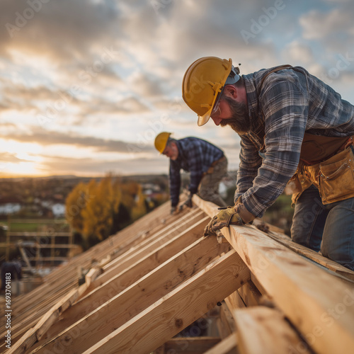 Carpenters building wooden roof trusses in autumn countryside. Traditional construction work with seasonal rural scenery.