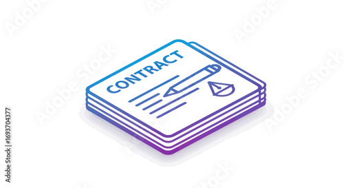 Isometric illustration of a contract document with a pen and seal.