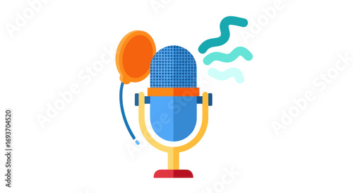Colorful Illustration of a Vintage-Style Microphone with Speech Bubble and Sound Waves.