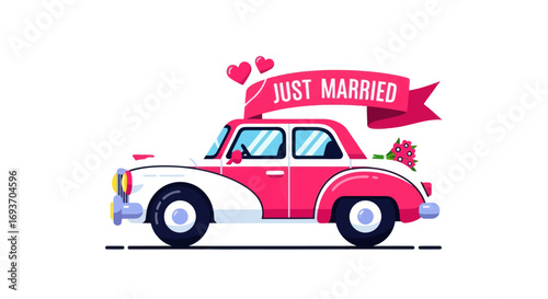 Just Married pink vintage car illustration with a celebratory banner and hearts.