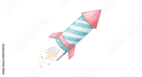 Watercolor Striped Firework Rocket Launching with Sparks.