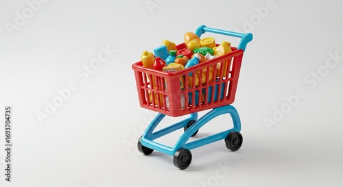 A red and blue toy shopping cart is filled with various colorful miniature grocery items set against a bright white background