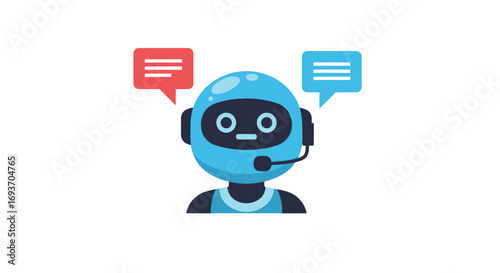 Cartoon Robot Customer Service Avatar with Speech Bubbles.