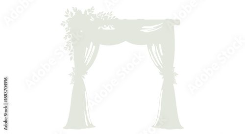Elegant White Wedding Arch Decorated with Flowers and Draping Fabric.