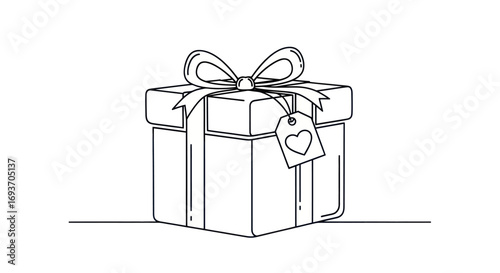 Simple Line Art Gift Box with Ribbon and Tag.