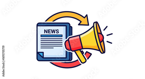 News announcement and broadcast icon with megaphone and circular arrows.